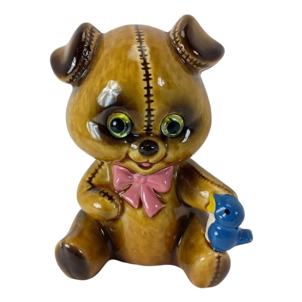 Lefton Stitched Teddy Bear W/Blue Bird Coin Bank Vintage